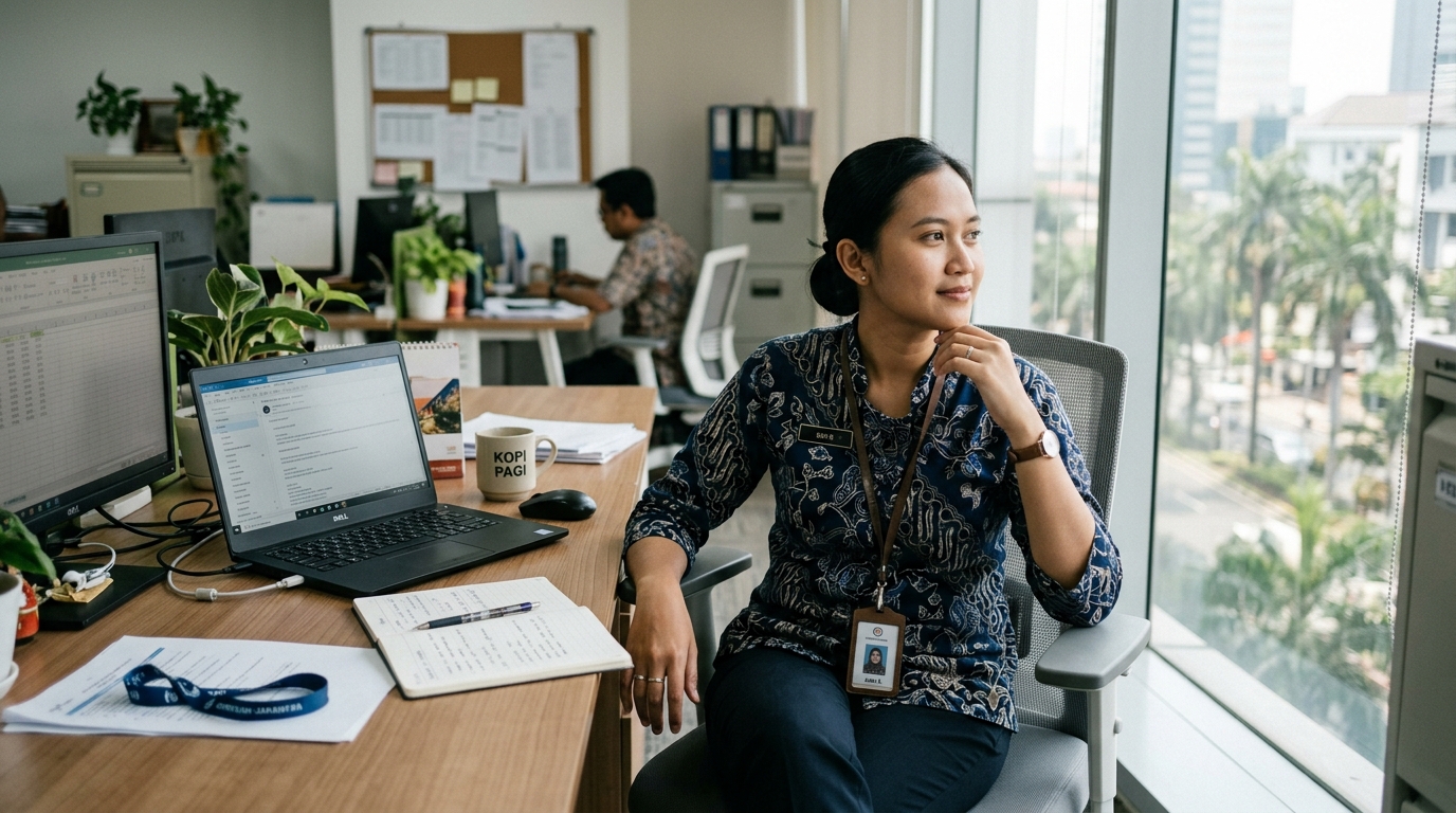 Karyawan kantor di Indonesia mengenakan batik beristirahat di dekat jendela gedung kantor